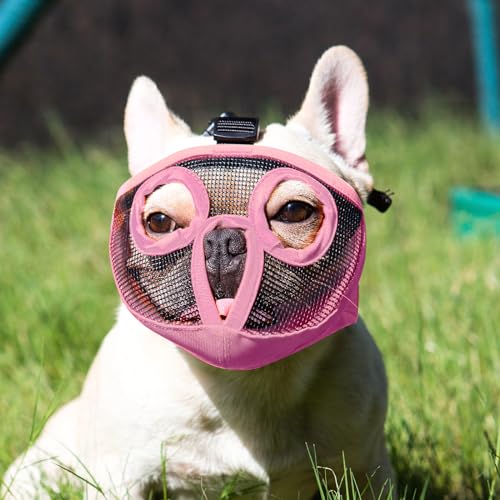 Image of Short Snout Dog Muzzles- Adjustable Breathable Mesh Bulldog Muzzle for Biting Chewing Licking Training Grooming Dog Mask (Pink, Small /9 inch-12 inch)