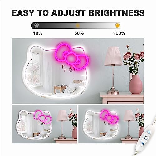 BDUN Anime Hello Kit Cute Cat Neon Sign Vanity Mirror 16"x14" LED Neon Lights with USB Dimmable Light Wall Mirror for Bedroom Living Room Room Decor Dresser Girls Gift - Image 4