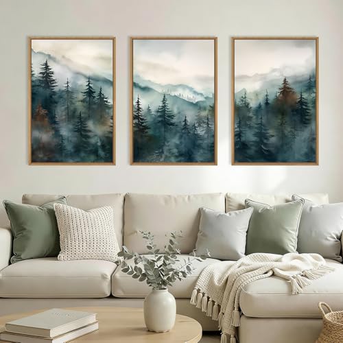 Image of KAIRNE Watercolor Misty Forest Framed Canvas Wall Art Set, Nature Landscape Wall Decor, Foggy Mountain Pine Trees Wall Painting, Jungle Scenery Artwork for Living Room, Bedroom, Office-24 x36 x3