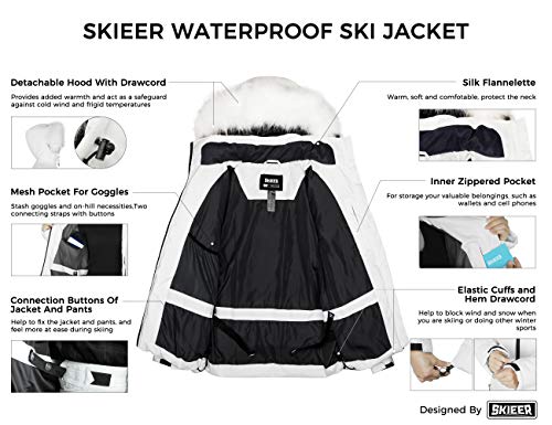 Skieer Women's Winter Coat Thicken Padded Waterproof Snow Ski Jacket(White,Large)