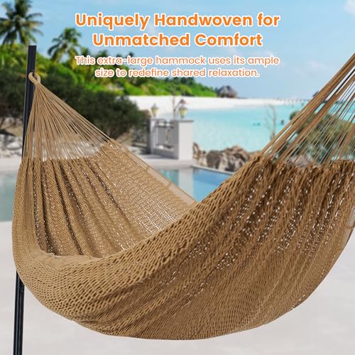Image of Lazy Daze Hammocks Handwoven XL Mayan Hammock, 10.5 FT Soft Rope Double Hammocks, Portable Outdoor Hammock with Carry Bag, 2 Straps & Carabiners for Patio Outside, 550 lbs Weight Capacity, Tan