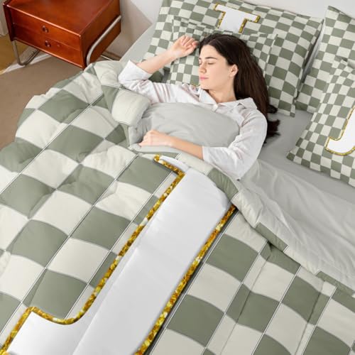 Image of Erosebridal Sage Green Checkered Queen Bedding Set 7 Piece Plaid Initial J Bed in A Bag with Sheets Personalized Monogram Comforter Set for Kids Adults,Fashion Grids Gingham Bed Sets