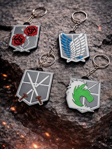 Image of Attack on Titan Keychain Set, Anime Shield Emblem Design with Metal Ring, 4 Pack Collection