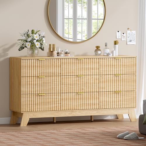 Image of Wodeer 9 Drawer Fluted Dresser for Bedroom, Mid Century Modern Wooden Dresser with 9 Drawers, Dressers & Chests of Drawers with Metal Handle, TV Stand & Storage Organizer for Entryway, Hallway, Oak