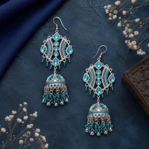 Image of UnfoldSelf Vintage Silver Bollywood Viral Jhumka Earrings | Maula Mere Maula Jhumka Earrings | Statement Ethnic Earrings with Blue Crystal Beads | Oxidised Famous Jewellery for Women & Girls