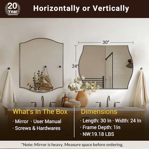 Image of ANDY STAR Brushed Nickel Bathroom Mirror, 24 inchx30 inch Scalloped Wall Mirror in Stainless Steel Metal Frame, Unique Vanity Mirror with Modern Curved Edge Design, Ideal for Bathroom, Bedroom, Entryway