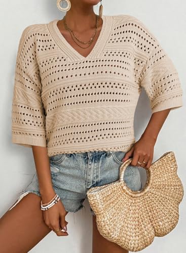 Image of Acelitt Crochet Tops for Women Summer Short Sleeve Sweater