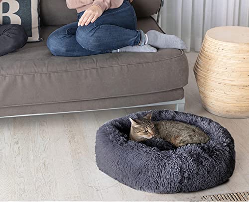 Enjamoy-Plush-Donut-Dog-Bed-Calming-Round-Dog-Cat-Bed-Soft-and-Fluffy-Cuddler-Pet-Cushion-Self-Warming-Puppy-Beds-Machine-Washable-Dark-Grey-60cm