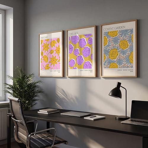 Image of NoWorries Trendy Abstract Floral Art Wall Frames | Modern Botanical Prints Inspired by London Paintings 300 GSM Premium Prints | Synthetic Wooden Stylish Frame Wall Decor for Bedroom, Living Room, Cafe & Office (Set of-3) (NATURAL, ART-1, 10X13INCHES)