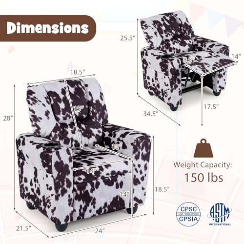 Image of GLACER Kids Recliner with Cup Holder, Velvet Toddler Lounge Chair | Child Recliner w /Adjustable Backrest & Footrest, Spring Seat Cushion, Push Back Cow Chair for Ages 3+, Supports 150 lbs