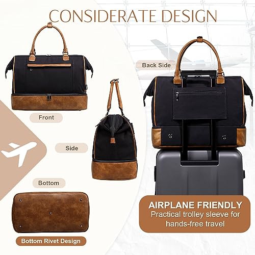 Travel Duffle Bag for Women,Vaschy 17'' Canvas Under Seat Carry On Weekender Overnight Duffel Tote Bag with Trolley sleeve/Shoe Compartment/Tolietry Bag Set for Travelling,Gym Black and Brown Leather3