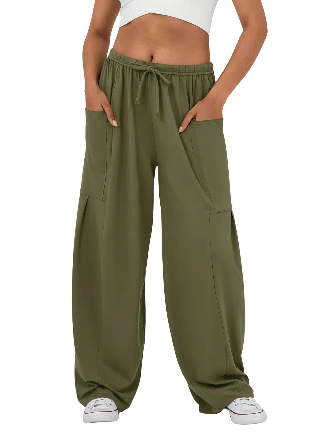 CHARTOU Womens Casual Drawstring Elastic Waist Wide Leg Baggy Palazzo Pants with Cargo Pockets