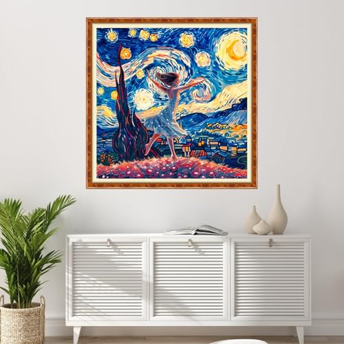 Image of Findvoor Stamped Cross Stitch Kits for Beginner Embroidery Kits for Beginners Adults DIY 11CT Cross Stitch Patterns Needlepoint Kits Crossstitching Kits-Van Gogh's Starry Night Girl 18x18 inch