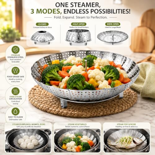Image of Stainless Steel Steamer Basket for Cooking | Foldable Vegetable Steamer Basket for Momos, Dumplings & Veggies | Expandable Steam Cooker Insert | Dishwasher Safe Kitchen Steaming Basket