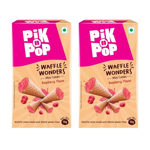 Image of Pik n Pop Raspberry Mini Waffle Cones 70g (Pack of 2), Crispy Cones with Creamy Raspberry Filling, Whole Wheat, Non-Meltable Ready-to-Eat Snack, 100% Eggless