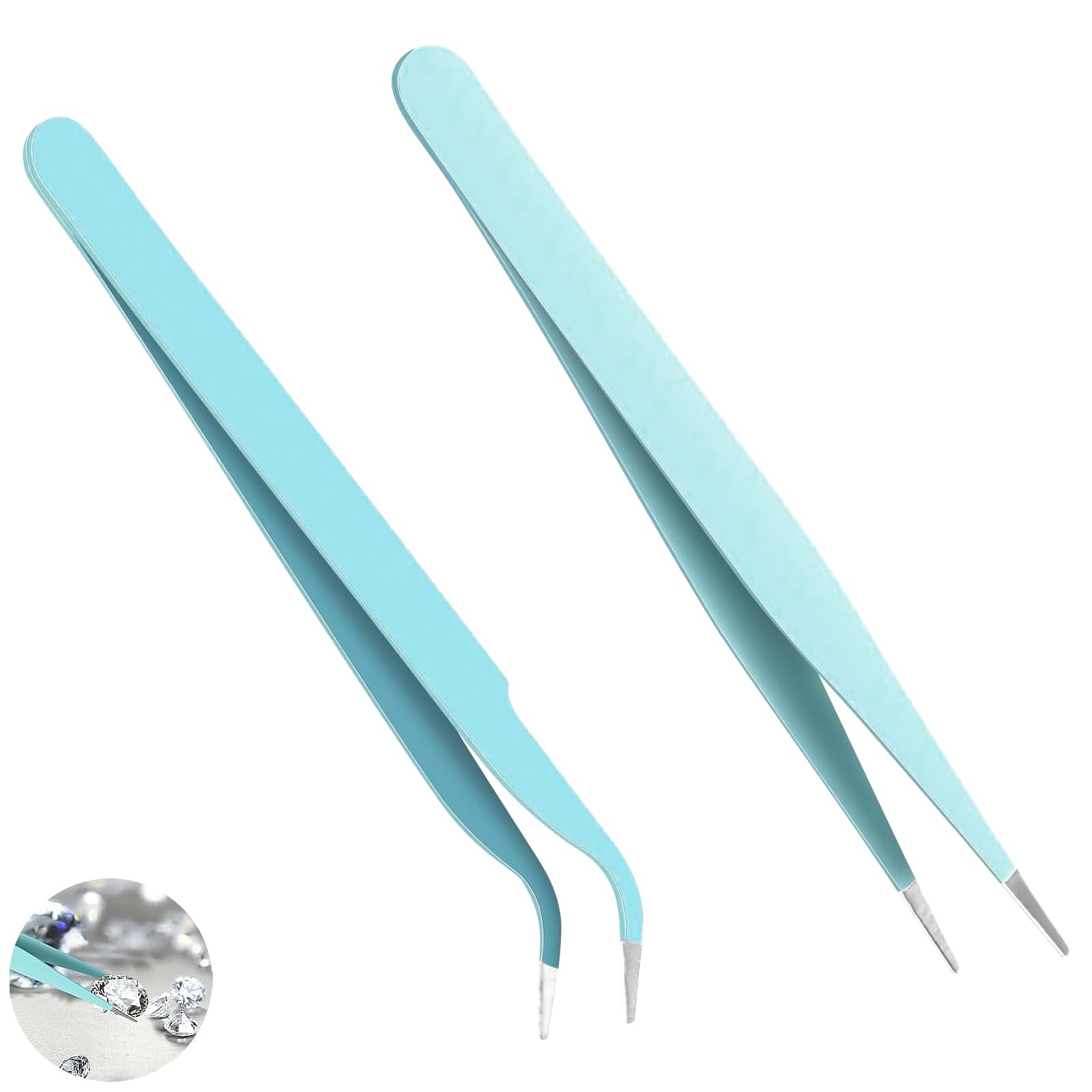 2 PCS Set of Stainless Steel Craft Tweezers, Stainless Steel Sticker Tweezers Kit, Straight Curved Tweezers, for DIY Intricate Projects, Cardmaking, Scrapbooking, Nail Art(Blue)