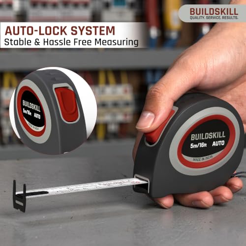 Image of BUILDSKILL 5 Meter Auto Lock Measuring Tape | Double Hook & Double Sided 19MM Wide Steel Measuring Blade | TPR Soft Grip & Unbreakable ABS Body | Belt Clip & Hand Strap for DIY & Professional Use
