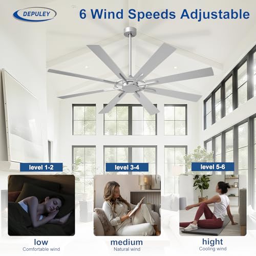 Image of Depuley Ceiling Fan Without Light: 66 Inch Big Indoor Outdoor Fan with Remote APP Control - Large Modern Silver Ceiling Fan no Light 8 Blade Reversible Quiet DC Motor Memory Function Timer