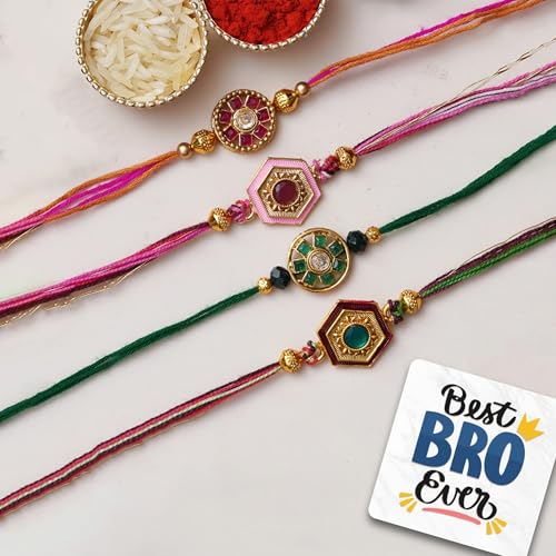 Image of eCraftIndia Set of 4 Multicolor Designer Rakhis, Best Bro Ever Fridge Magnet with Roli Chawal Pack - Rakhis for Brother, Bhabhi, Kids