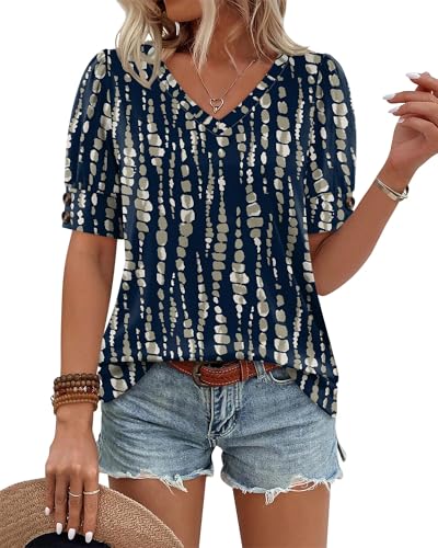 Image of OFEEFAN Womens Tops Short Sleeve Shirts Buttons V Neck Spring Fashion Summer Outfits Plus Size Blouses Dressy Casual