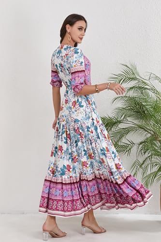 Women Short Sleeve V Neck Floral Print Casual Bohemian Maxi Dresses3