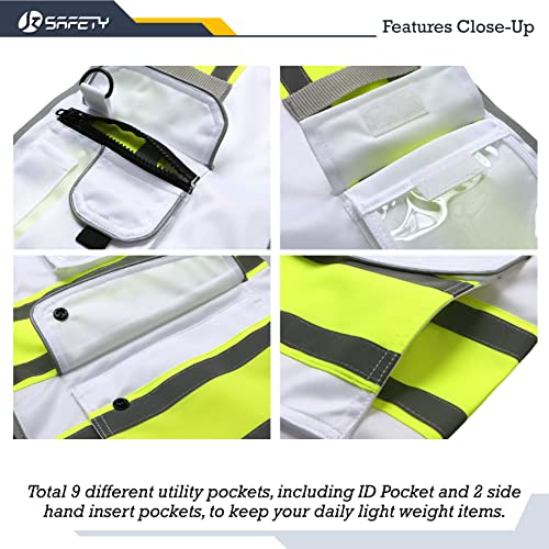 Image of JKSafety 9 Pockets High Visibility Zipper Front Safety Vest | White with Dual Tone High Reflective Strips | Meets ANSI /ISEA Standards (901-White, X-Large)