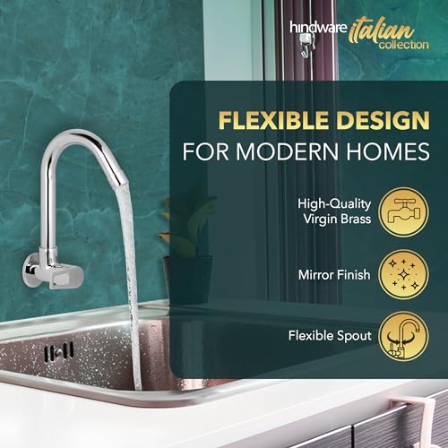 Image of Hindware Italian Collection Aspiro Range F570023CP Kitchen Sink Tap with Swivel Spout | Wall Mounted | Made of Brass | Mirror-Like Finish