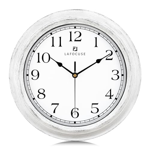 Lafocuse 12 Inch Silent Vintage White Wall Clocks Battery Operated for Bedroom, Rustic Kitchen Wall Clock for Living Room Décor Office