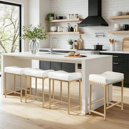 Image of Bar Stools Set of 4, Gold White Counter Height Stools with Cushion & Metal Frame, 24 inch Modern Bar Stools for Kitchen Counter Island (Off White+Gold)