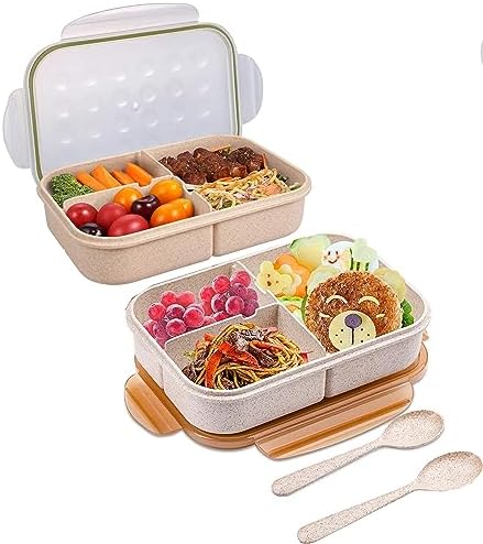 2 Pack, Pair – Wheat Fiber (No BPAs, No Chemical Dyes) Lunch Box Set, Bento Box, Food container for Adults, Kids, Baby for school, work. Lunch Boxes with 3 Compartments, Flatware. (Yellow/ Glass – 1150ML)