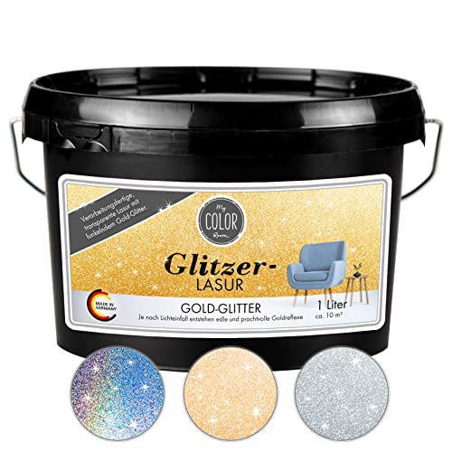 My COLOR Room Lasure pailletée (1000 ml, doré) Peinture murale transparente pour décoration murale avec effet scintillant pour l'intérieur, lasure décorative,...