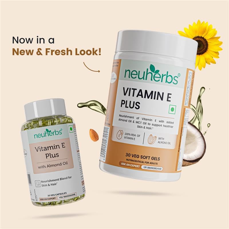 Image of Neuherbs Vitamin E Plus Capsules for Skin & Hair | Plant-Based Vitamin E Supplement with Almond & Sunflower Oil | Supports Glowing Skin & Hair Strength | Vegan | 30 Capsules