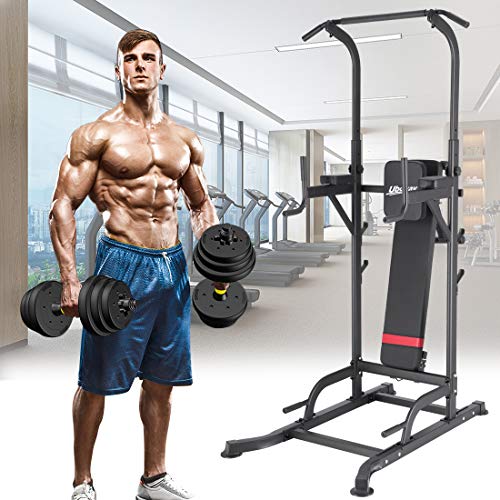 UBOWAY Power Tower with Bench: Pull Up Bar Stand Dip Station Adjustable Height Heavy Duty Multi-Function Fitness Training Equipment Home Gym