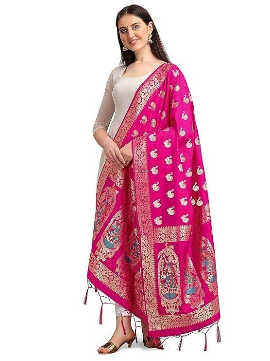 Trendify LooksWoven Banarasi Silk Dupatta with Thread Work and Zari Motifs - Elegant Animal Print Chunni for Women and Girls - Size: 1M x 2.5M in Many Colors