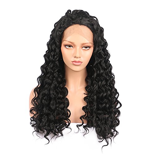 BERON 26" Women Girls Black Lace Front Wig Long Curly Kinky Wavy Hair Replacement Wigs with Wig Cap (Black)