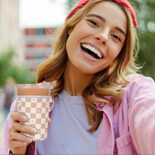 Image of Reusable Insulated Neoprene Iced Coffee Cup Sleeve, Durable Drink Sleeve for Cold Beverages, Beverage Holder for Iced Coffee (Floral Checkers)