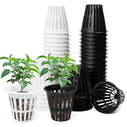 Huucozn 50 PCS Pots de Culture Hydroponique Perforés Plastique Pot Hydroponique Maille Aération Maximale pour Semis/Boutures/Germination, Noir et Blanc