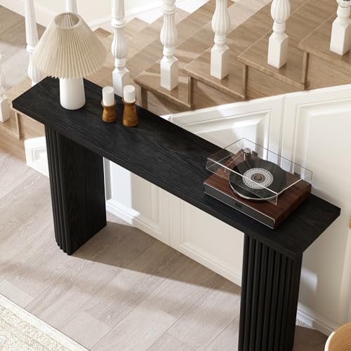 Image of Fluted Solid Wood Console Table - 55 Inches Mid Century Modern Foyer Table, Entryway Hallway Minimalist Sofa Table, Half Round Legs, Black