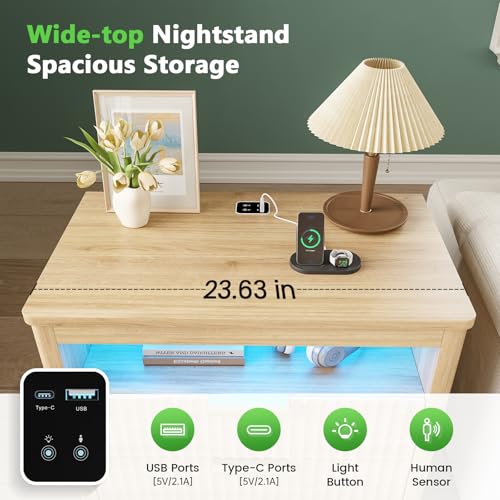 Image of HNEBC Nightstand with Gun Drawer for Bedroom, Wood Night Stand with Hidden Compartment, Auto LED Lighted, Charger Station, 2 Drawer, 23.6 inch Wider Bedside Table for Dorm,Sofa,Office