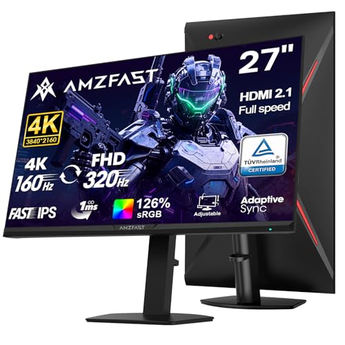 Amzfast 27 Inch 4K Gaming Monitor HDR 400, UHD 160Hz 144Hz | FHD 320Hz 300Hz 1ms Fast IPS Dual Mode, 126% sRGB, PIP/PBP, HDMI 2.1 x 2 & DP 1.4 x 2, Height Adjustment, VESA.