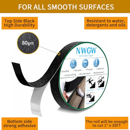 Image of Black Anti-Slip Stair Treads Tape,1 inch x35FT Heavy Duty PVC Non-Skid Grip Tape for Wooden Steps, Indoor /Outdoor Stairs, Pool Decks - Peel & Stick Waterproof Safety Traction