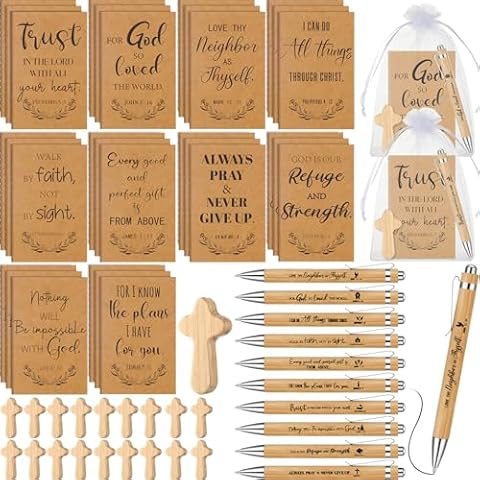Spakon 120 Pcs/ 30 Set Christian Gifts Bible Verse Notebooks Religious Bamboo Pens Wooden Prayer Crosses Church Gifts for Women Men Employee Coworker Teacher Staff Team Cover