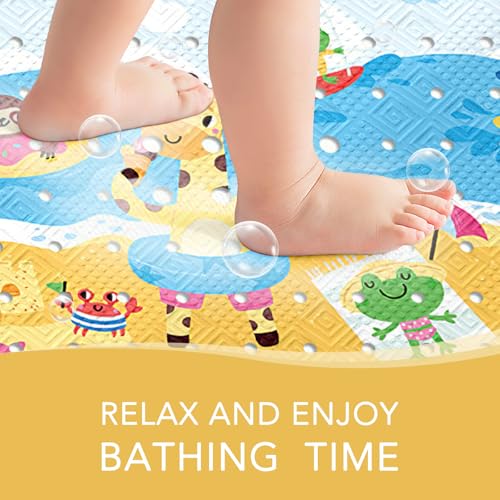 Image of PRATIQUE Kids Bath Mat for Tub Non Slip,40 X 16 Inch Extra Long Kids Bathtub Mat Seaside Zoo Bathtub Shower Mat Safety Anti Slip with Suction Cups and Drain Holes, Machine Washable
