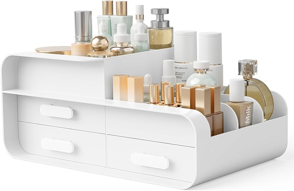 YARDHOBI Makeup Organizer Storage Drawers, Large Capacity Cosmetic Organisers for Lipsticks, Jewelry, Nail Care, Skincare Organiser for Vanity, Ideal Desk Organizer for Dresser and Bathroom (White)
