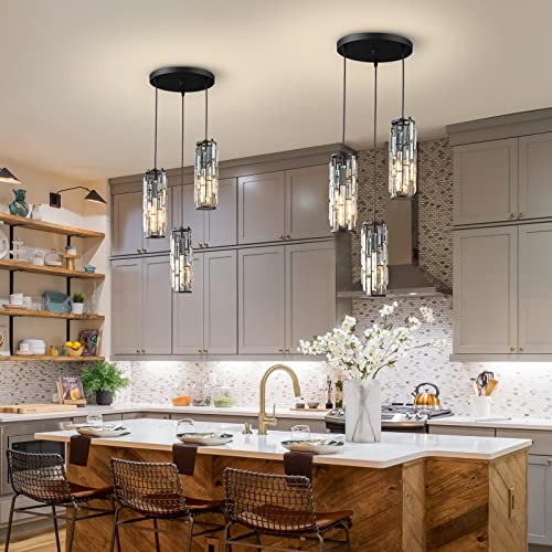 Image of LMQNINE 3 Light Black Pendant Lighting Modern Pendant Light, Mini Crystal Chandeliers,Adjustable Pendant Light Fixture for Kitchen Island Dinning Room Bedroom (Black 3-Light)