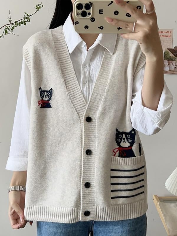 Image of CORIRESHA Girl Cute Cat Rabbit Embroidered Sweater Vest Button Sleeveless Knit Cardigan