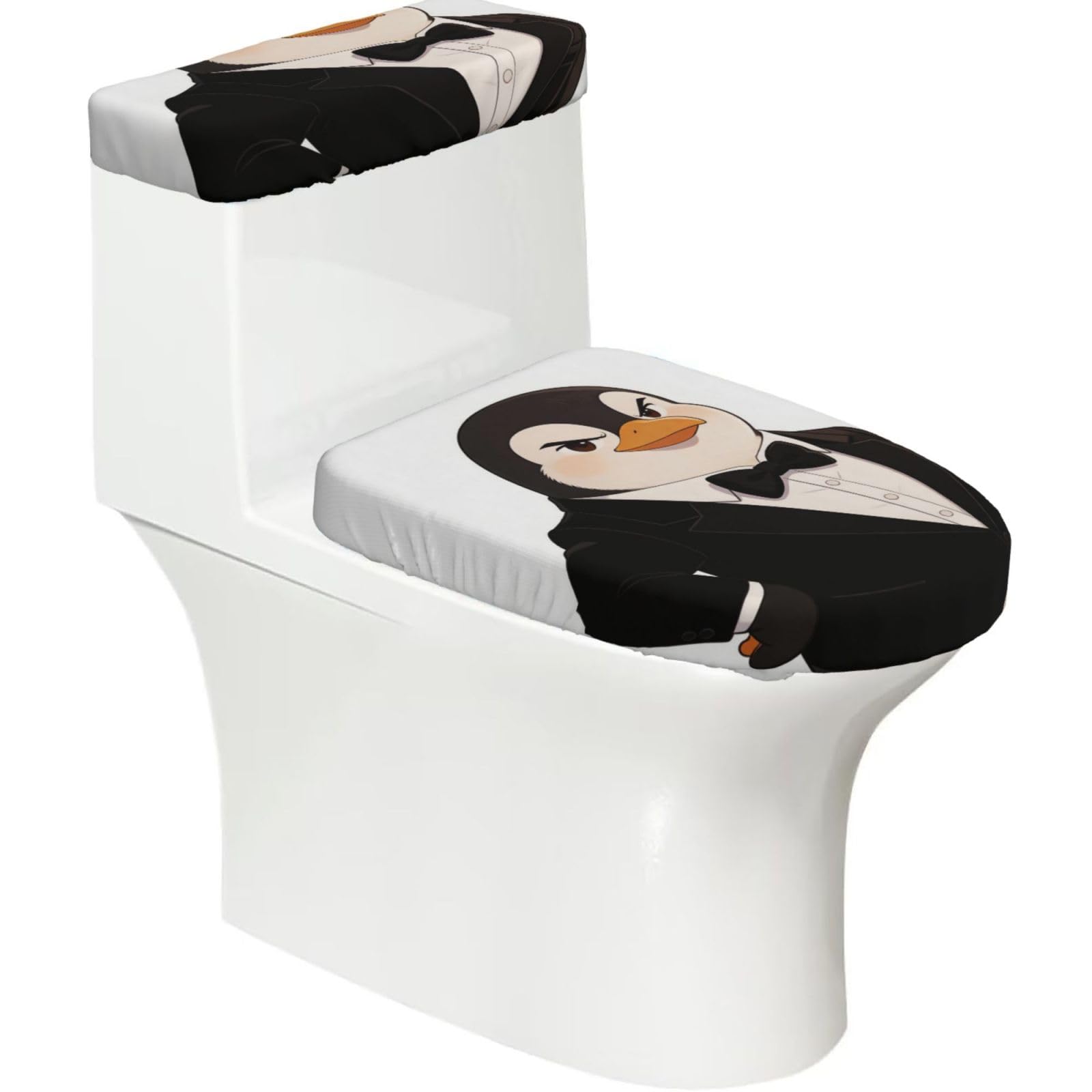 Penguin Gentleman Elastic Toilet Cover Set of 2-Stretchy Lid and Tank Covers for Bathroom, Soft Washable U Shape Toilet Decor