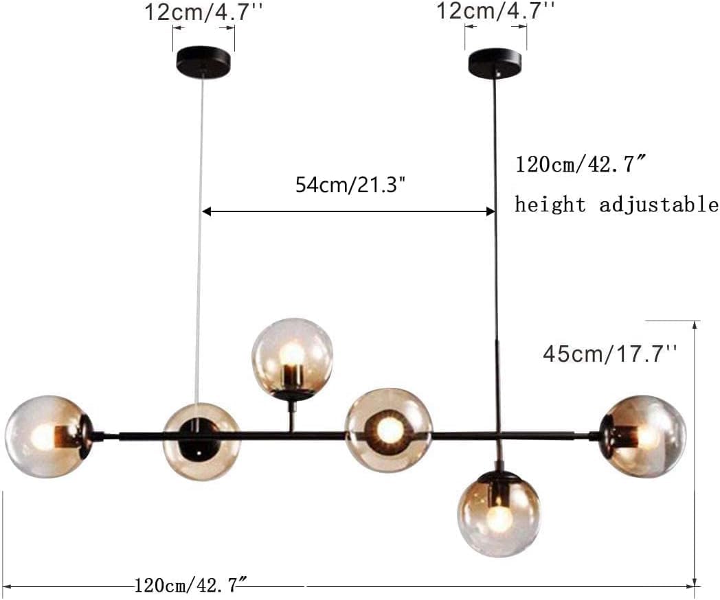 KCO Lighting 6-Light Modern Globe Sputnik Chandelier Mid Century Black Pendant Light Chandelier Dining Room Linear Pendant Lighting Kitchen Island Adjustable Pendant Light Fixtures (Black+Amber)