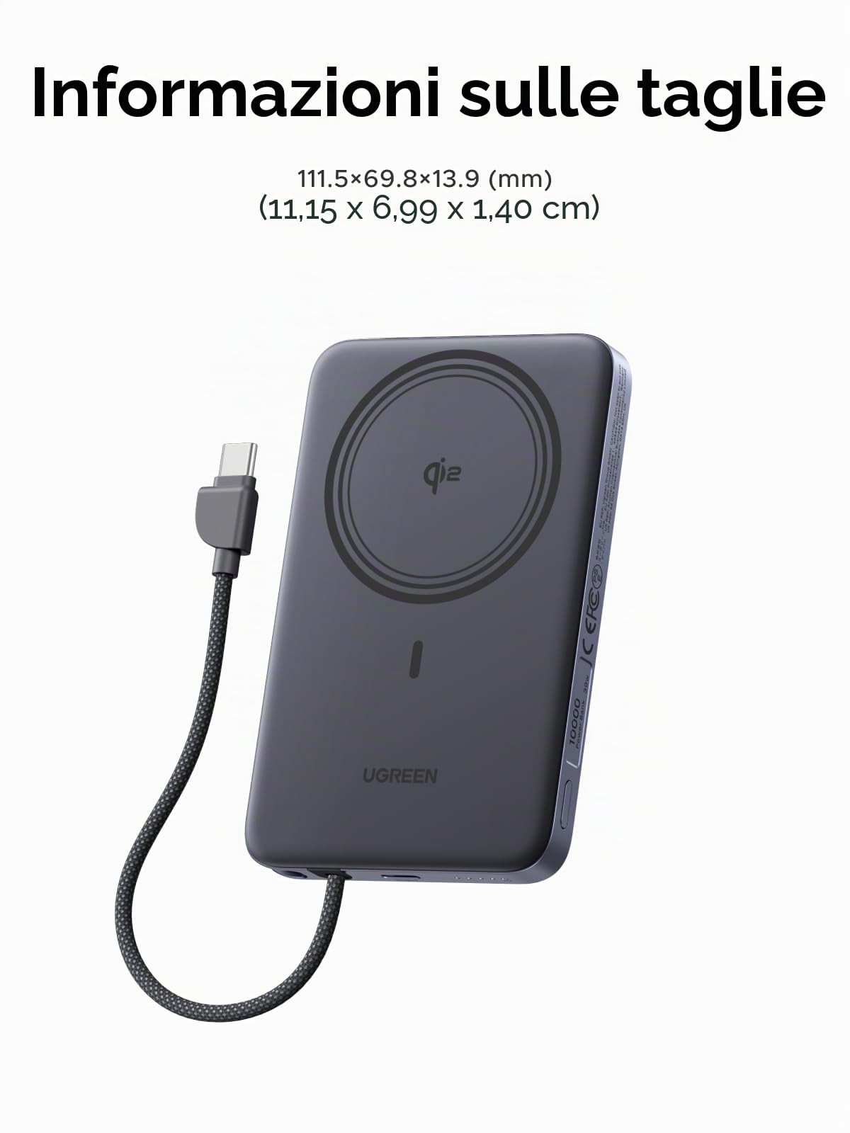 UGREEN MagFlow Air Qi2 15W Batteria Esterna Ultrasottile 10000mAh Cavo USB C PD 30W Compatibile con MagSafe per iPhone 17 16 15 14 13 12 Air Plus Pro Max Power Bank Carica Magnetica (Grigio)