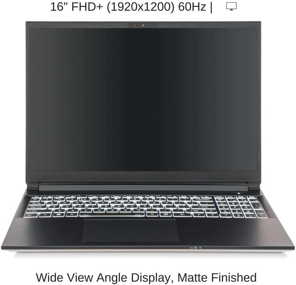 Front view of the HIDevolution EVOC V5602B laptop, open, showing the 16-inch FHD+ display and backlit keyboard. The text on the image specifies '16" FHD+ (1920x1200) 60Hz | Wide View Angle Display, Matte Finished'.